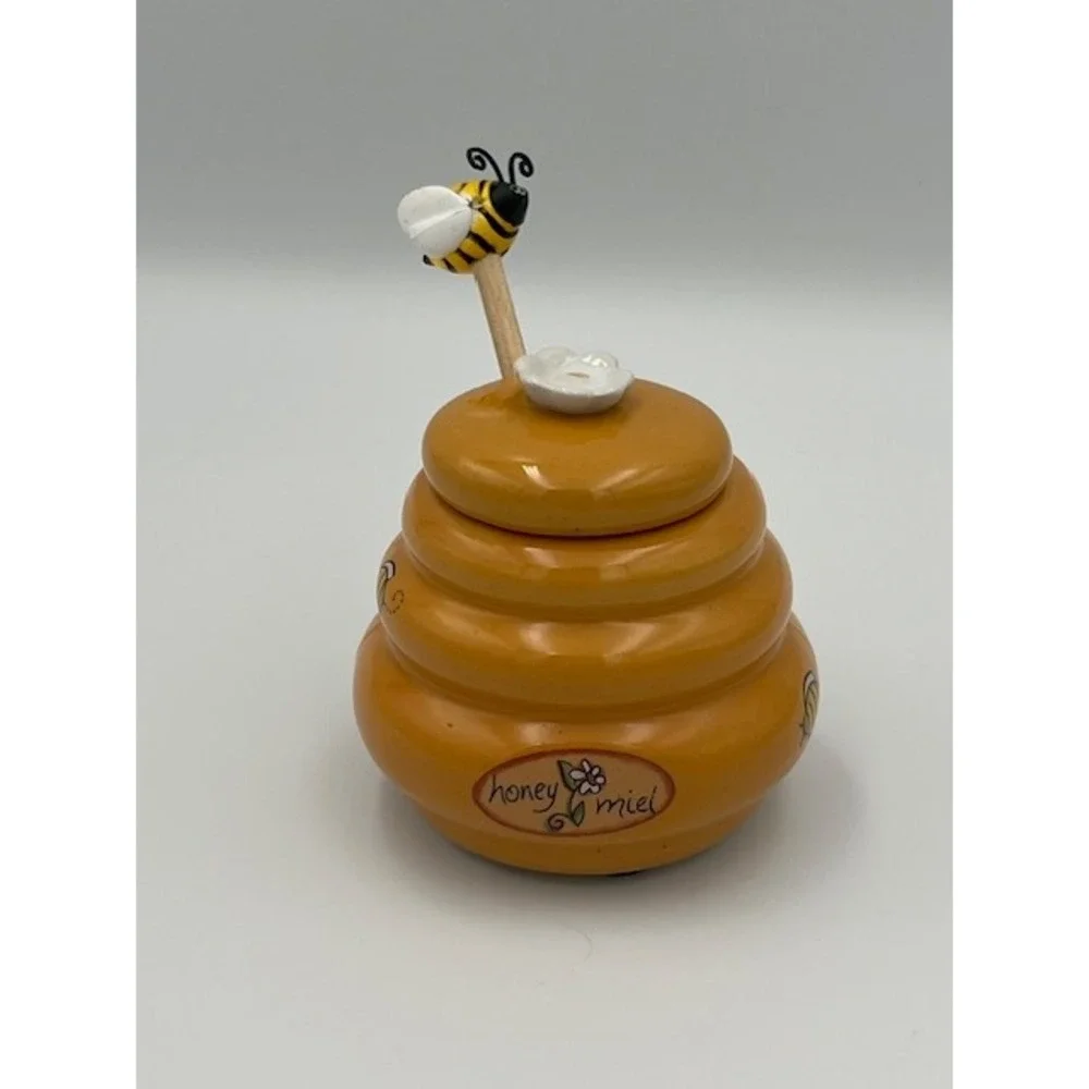 Honey Miel Ceramic Beehive Jar with Lid & Wooden Bumble Bee Dipper
